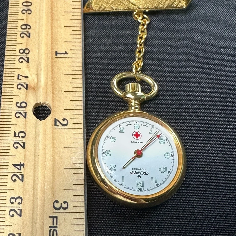 Vintage Grovana Swiss Nurse Fob Watch Brooch Gold Tone White Dial Incabloc Pin